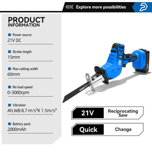 Cordless Reciprocating Saw 21V Adjustable Speed Chainsaw Wood Metal PVC Pipe Cutting Reciprocating Saw Power Tool By PROSTORMER