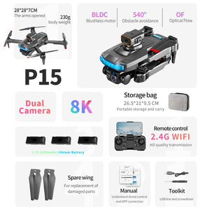 KBDFA P15 Professional Drone 8K HD Dual Camera Aerial Photography Brushless RC Obstacle Avoidance Wifi FPV 5G Aircraft Toy 5000M