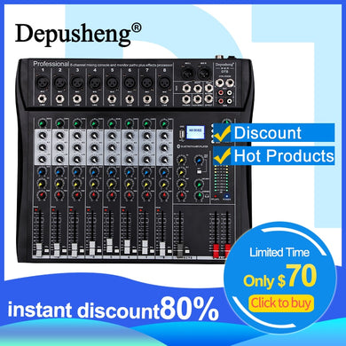 Professional Audio Sound Mixer Depusheng DT8 8/12 Channel Bluetooth USB 48V Phantom Mixing Console for PC DJ Amplifier Karaoke