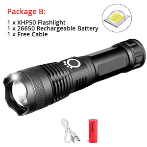 50000LMs Powerful LED Flashlight XHP70 XHP50 Rechargeable USB Zoom Torch XHP70.2 18650 26650 Self Defense Hunting Lamp