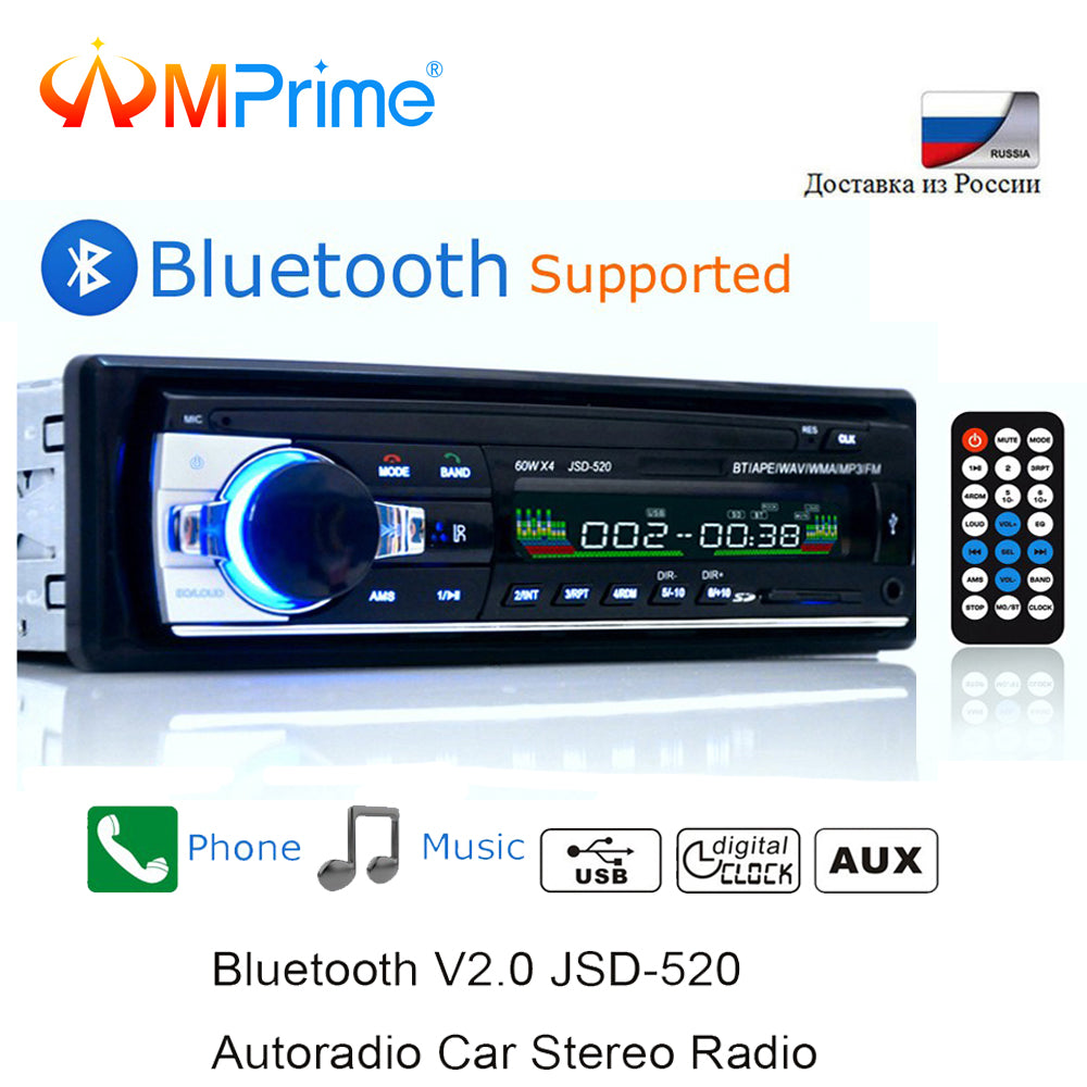AMPrime Bluetooth Autoradio Car Stereo Radio FM Aux Input Receiver SD USB JSD-520 12V In-dash 1 din Car MP3 Multimedia Player